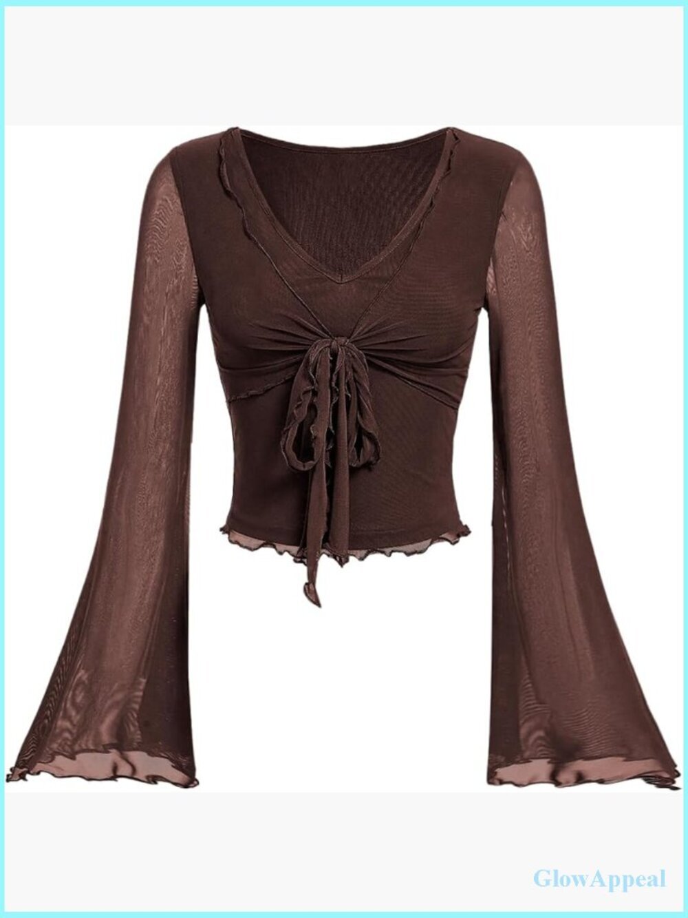 Sheer Mesh Tie Front V-Neck Long Flounce Sleeve Asymmetrical Hem T-Shirt